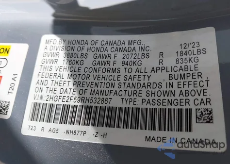 2024 Honda Civic Sport z USA, uszkodzony, nr VIN 2HGFE2F59RH532867